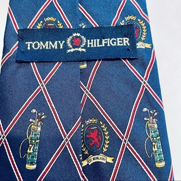 Vintage Tommy Hilfiger Golf Silk Neck Tie Navy Blue Bag Clubs - Picture 5 of 7